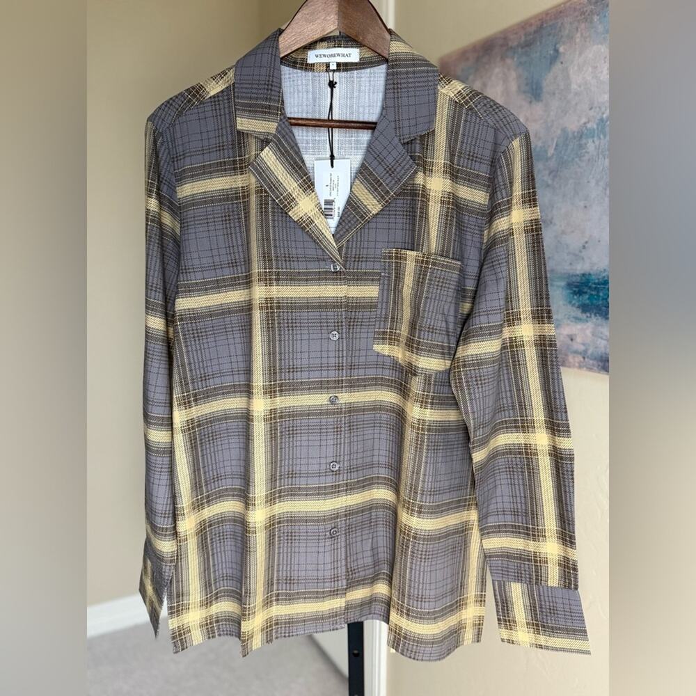 WeWoreWhat Long Sleeve Pajama Top Poplin Women’s small plaid tan